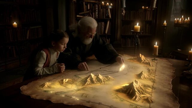 Wise elder teaches young apprentice secrets of an ancient map by candlelight sharing knowledge legacy this moment symbolizes passing wisdom creating a story of adventure discovery