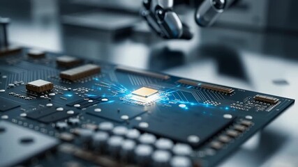 Robotic hand meticulously works on glowing microchip symbolizing technological progress this closeup shows AI development intricate electronics the future of innovation industry - Powered by Adobe