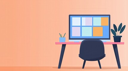 Productivity Tools organization apps concept. Home office setup with a computer and plant on a stylish desk.