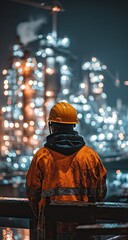 Worker overlooking the industrial complex at night, wearing safety gear