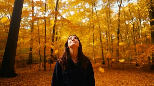 Woman walks alone into deep autumn forest a journey of self discovery she follows a path to find herself this beautiful solitude represents personal growth a new beginning