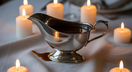 Silver gravy boat filled with dark sauce surrounded by lit candles on white tablecloth surface scene ai generated