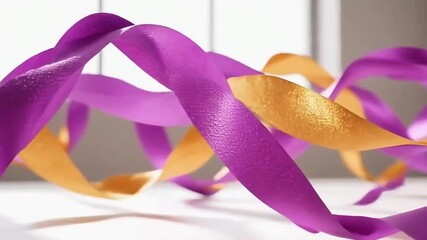 Swirling purple and gold ribbons creating elegant patterns in loop, women’s empowerment campaigns