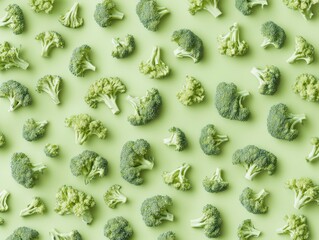 Fresh broccoli florets arranged in a vibrant green pattern