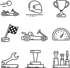 Fototapeta premium Racing Sports Icon Collection Doodle Line Art Go-Karts, Helmets, Trophies, Flags, and Podiums