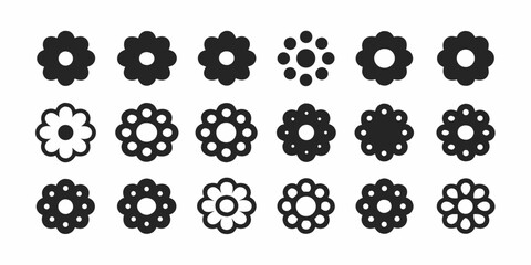Collection of simple black flower icons with various petal designs and arrangements on a white background