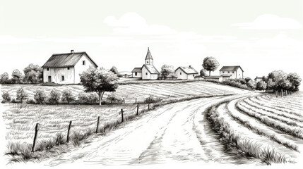 Naklejka premium Rural landscape with vineyard and houses isolated on white background 