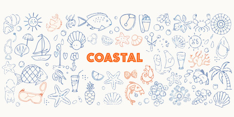 Whimsical hand drawn coastal elements and the word coastal in orange text