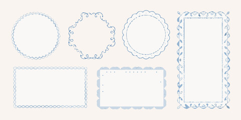 Collection of decorative hand drawn blue borders and frames with various shapes and styles