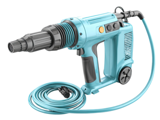 Light-blue handheld power tool with air hose and cord