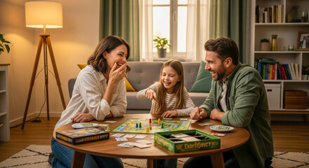 Happy Family Playing Board Game in Cozy Living Room