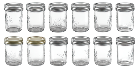 Twelve clear glass jars with metal lids, various colors