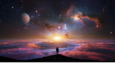 Celestial Majesty A Solitary Figure Contemplates the Cosmic Dawn