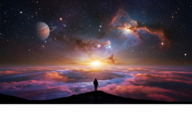 Celestial Majesty A Solitary Figure Contemplates the Cosmic Dawn
