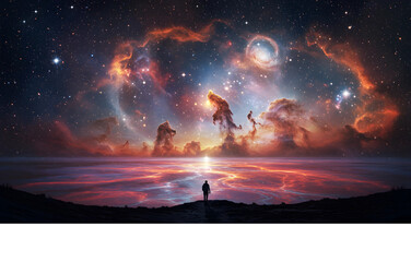 Solitary figure gazes at a vibrant cosmic panorama, brilliant nebulae and stars reflected on a still surface. An awe-inspiring vision of the infinite universe