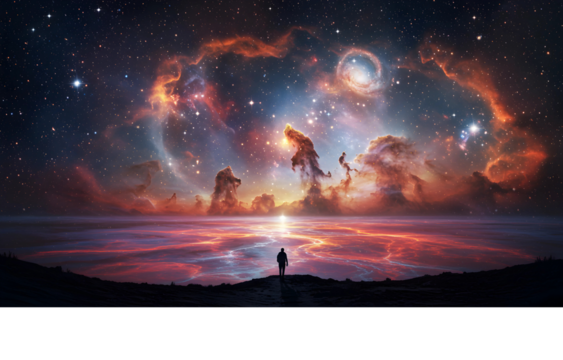 Solitary figure gazes at a vibrant cosmic panorama, brilliant nebulae and stars reflected on a still surface. An awe-inspiring vision of the infinite universe