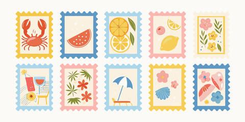 Collection of cute summer themed postage stamps with fruits flowers and beach elements