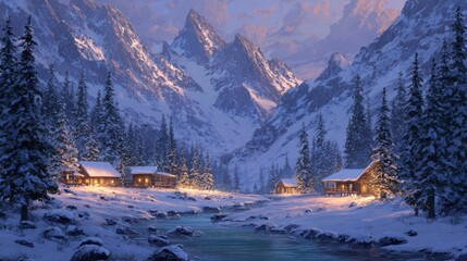 Snowy mountain valley cabins winter landscape