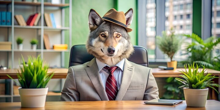 Wolf in a hat and jacket sitting at an office desk surrounded by plants and modern decor wolf, hat, jacket, office, desk, plants, modern decor, confidence, contemporary, stylish, animal, business atti