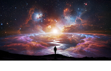 Journey into the Cosmic Dreamscape A solitary figure gazes at the celestial river, a surreal vision of the universe