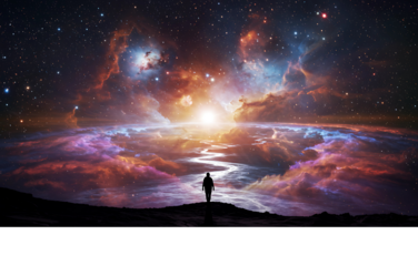 Journey into the Cosmic Dreamscape A solitary figure gazes at the celestial river, a surreal vision of the universe