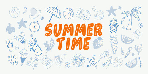 Summer time fun collage with tropical beach elements and cute illustrations