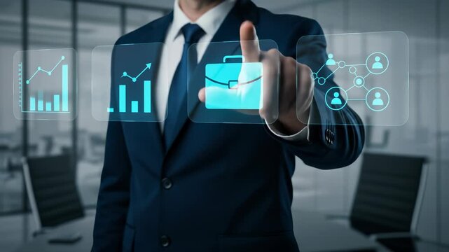 Business Intelligence: A businessman selects a briefcase icon on a virtual interface displaying data analysis and networking symbols. - Powered by Adobe