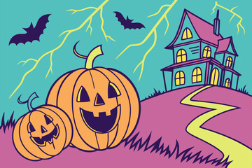 Haunted Halloween Night with Pumpkins Bats and Haunted House Vector