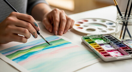Woman's Hands Painting Abstract Watercolor Artwork at Desk