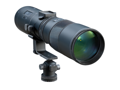 Close-up of a long telephoto lens mounted on a tripod.  Dark gray/black metal construction.  Visible lens elements.  Attachment for camera body