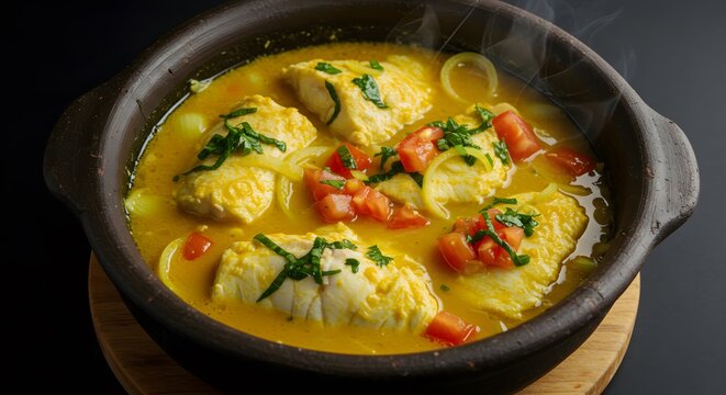 Um close-up mostra um delicioso ensopado de peixe em uma panela de barro r&uacute;stica. O caldo amarelo vibrante envolve o peixe suculento, guarnecido com ervas e vegetais frescos.