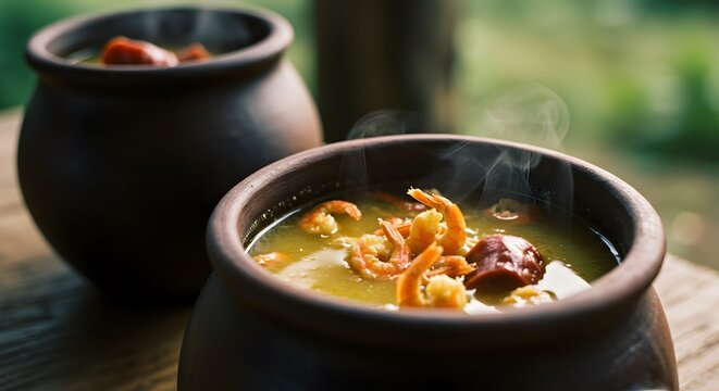 Tacac&aacute; t&iacute;pico do Par&aacute; com jambu e camar&atilde;o seco, apresentado em cuias de cer&acirc;mica