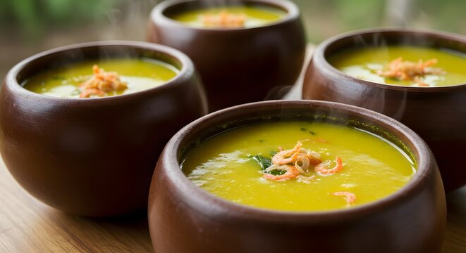 Tacac&aacute; paraense em cuias de cer&acirc;mica, com camar&atilde;o seco e jambu