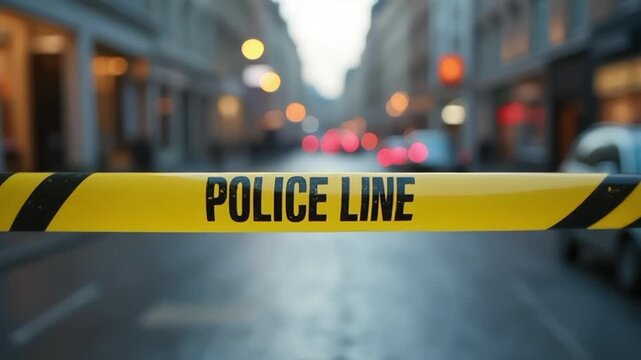 Yellow police line tape stretches across a blurred urban street scene