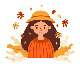 Autumn Cute Girl in hat with Fall leaves. Female Portrait fair-skinned brunette with long hair. Vector illustration. Perfect for poster, banner, card, seasonal design. Kids collection. Not AI