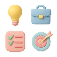 Business clay pastel icons set isolated on transparent background light bulb briefcase checklist and target with arrow soft 3D style for corporate and innovation design