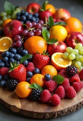 Fototapeta premium vibrant seasonal fruits over colorful wooden boards fruit platter healthy bounty nature life freshness, colors, decoration, display, apple, orange, grape