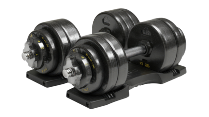 Two black adjustable dumbbells sit on a black stand.  The weights are secured with a threaded rod and metal plates, allowing for varied weights