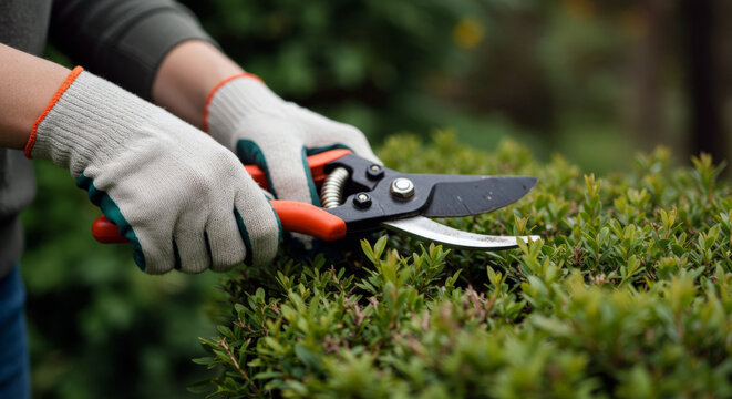 gardener trimming bushes with pruning shears for landscaping guides, spring maintenance tips, and DIY blogs, outdoor macro format, green color palette