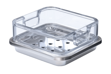 Square clear plastic container with stainless steel base.  Features a perforated bottom for drainage