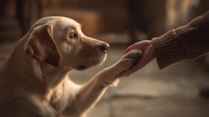 dog giving paw to human indoors for pet care promotions, veterinary content, and obedience training guides, natural lighting, mid-range shot, warm tones, soft interior background, no copy space