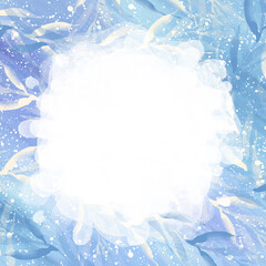 Botanical delicate blue background with watercolor transparent branches and leaves. Botanical romantic elegant background, texture with leaves