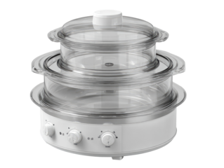 White multi-tiered steamer with clear glass lids.  Features control knobs