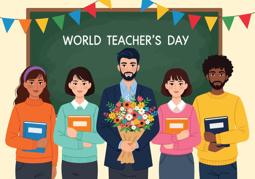 Flat illustration of world teachers day celebration with teachers holding books and flowers in front of a decorated blackboard, symbolizing education and appreciation