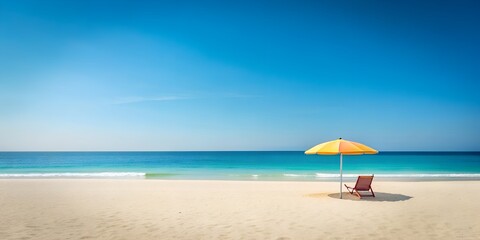 Fototapeta premium Tranquil beach minimalism features a lone chair under a vibrant umbrella on a serene shoreline at midday beach, minimalism, solitude, relaxation, umbrella, chair, ocean, waves, sand, shore, tranquilit