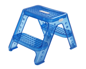 Blue, translucent, folding step stool.  Two-step, lightweight design