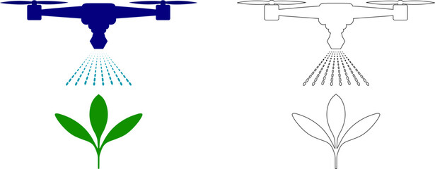 Agricultural Drone Crop Spraying Vector Set. Includes colored and outline illustrations of a drone spraying a plant. Concept for smart farming and precision agriculture.