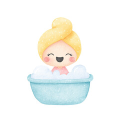 Naklejka premium Watercolor Spa Day Cute Girl in Bubble Bath Illustration.