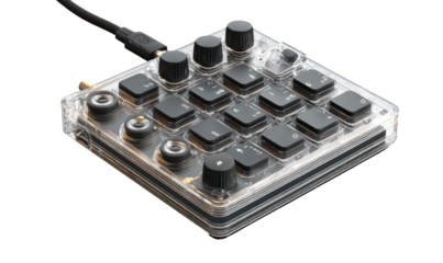 Small, square, transparent enclosure houses a modular synthesizer controller.  Several knobs and buttons are visible.  USB cable connects to device