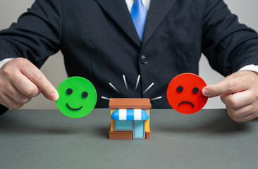 Business evaluation based on reviews. Rate the store's service as good or bad, customer opinion, quality control, brand reputation, market trust